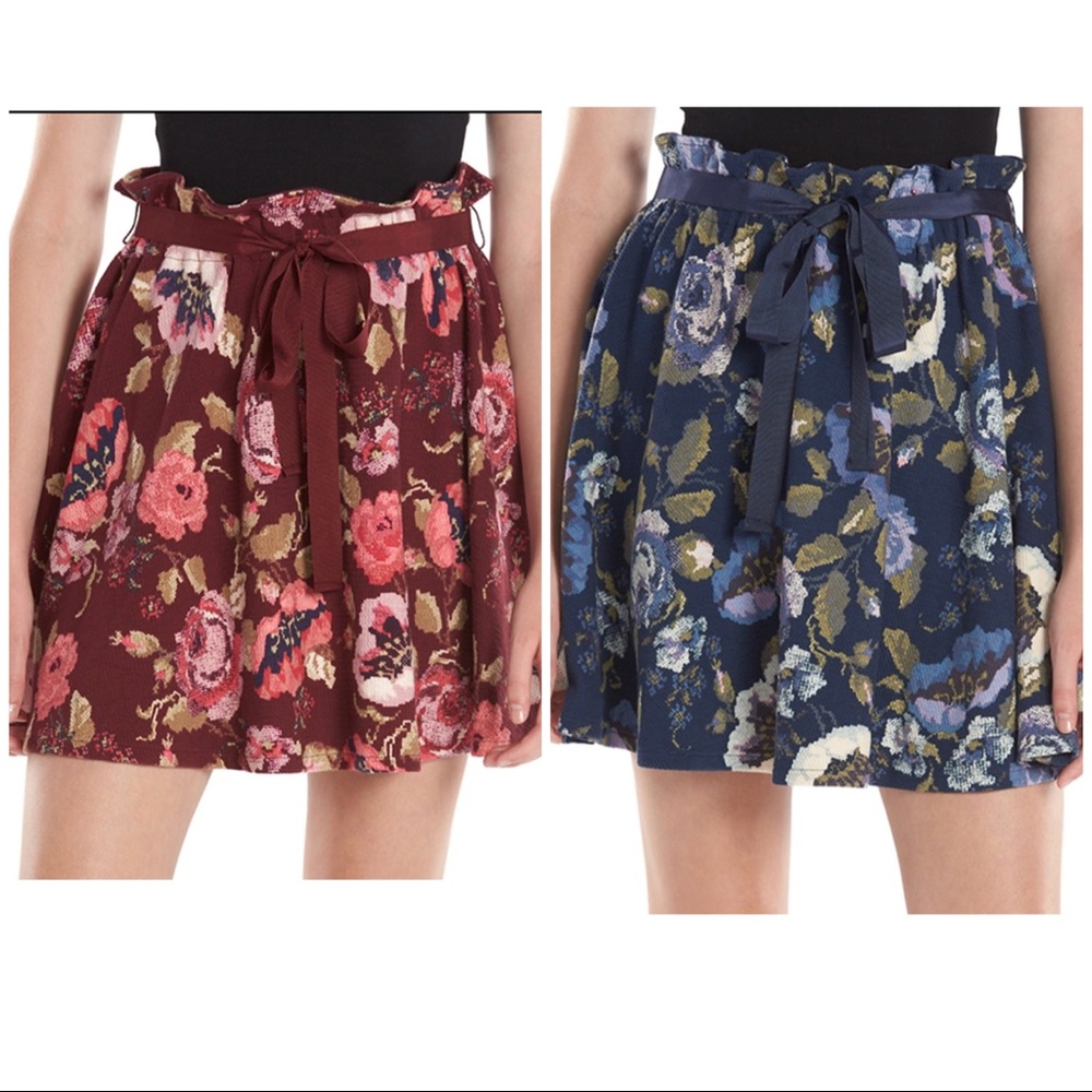 NWT LC Lauren Conrad Floral Skirt Paper Bag Blue Maroon S XL